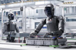 3d render: industrial automation ai accelerated: human like robot working on complex detail in industrial environment. autonomous ai powered humanoid robot work at factory on assembly line.