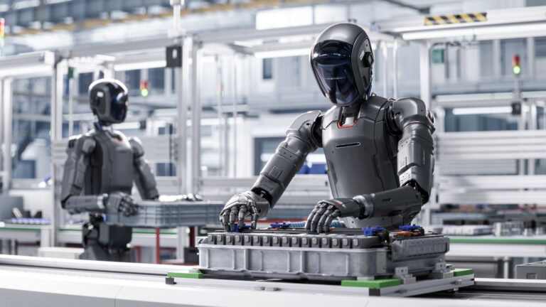 3d render: industrial automation ai accelerated: human like robot working on complex detail in industrial environment. autonomous ai powered humanoid robot work at factory on assembly line.