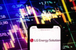 Konskie, poland august 09, 2022: smartphone displaying logo of lg energy solution company on stock exchange chart background