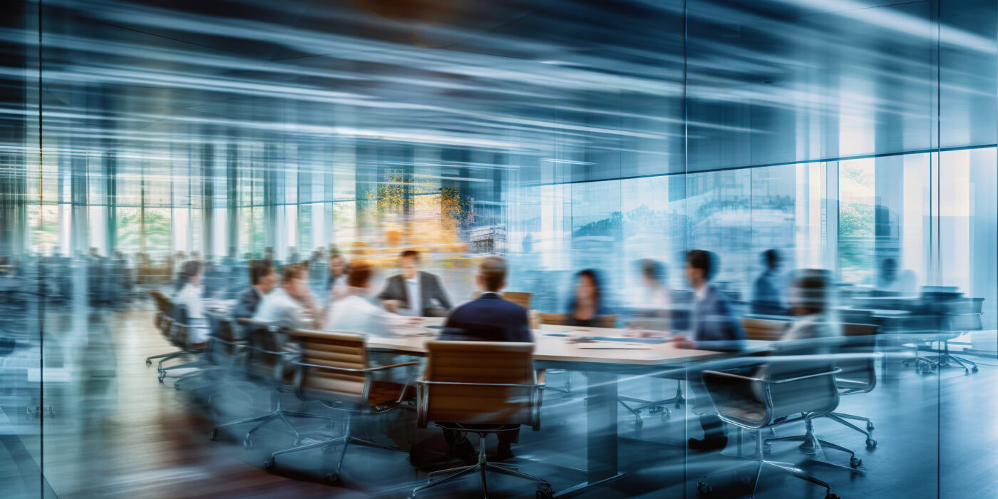 Long exposure banner of modern office lobby with business people. generative ai