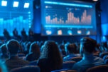 Rear view of an audience engaged in a data analytics presentation at a corporate conference with a focus on the screen