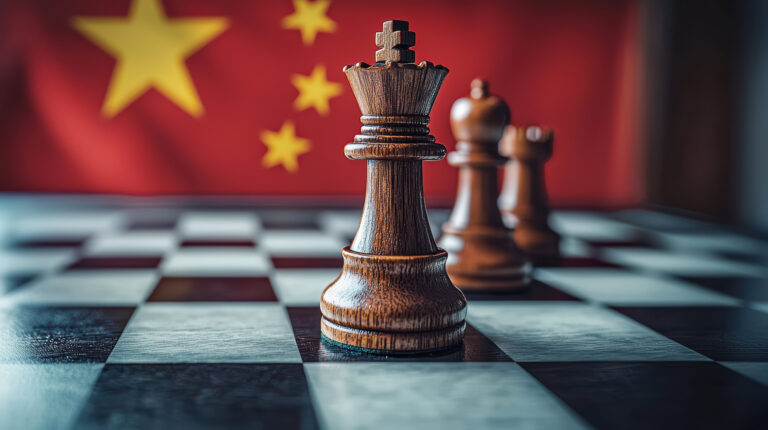 Geopolitical strategy revealed through chess on a chinese flag