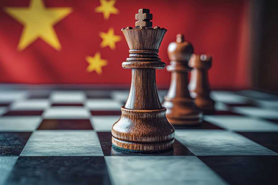 Geopolitical strategy revealed through chess on a chinese flag