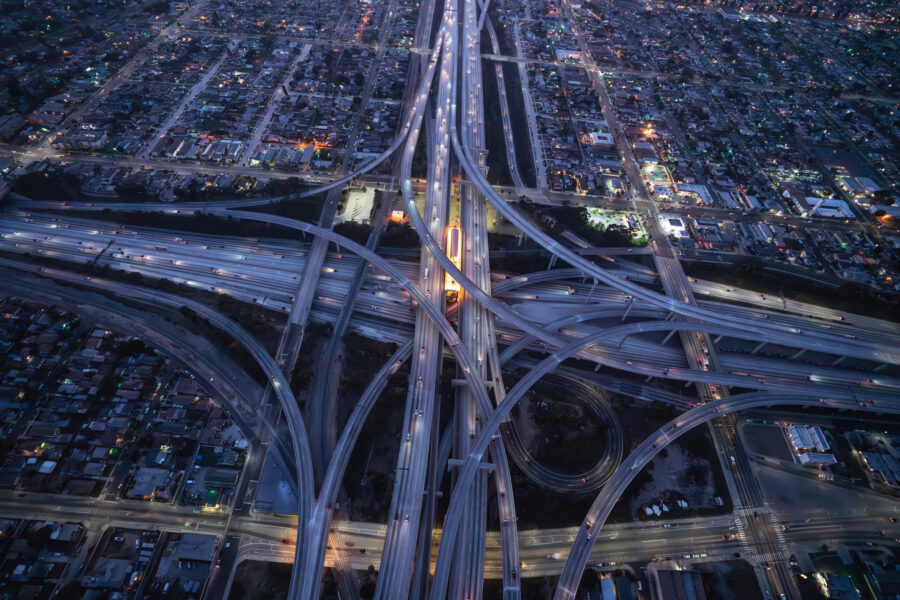 Aerial view los angeles highway intersection usa
