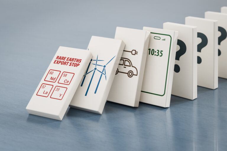 Concept: domino effect of restriction of export of rare earths on wind turbines, electric vehicles and smartphones and other goods. dominos falling.