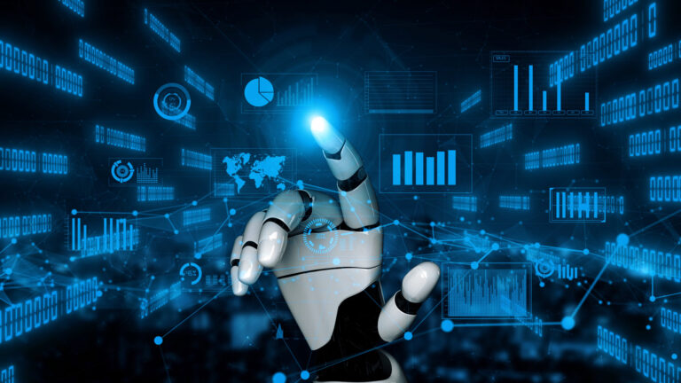 Futuristic robotic hand interacting with digital data and graphs in a high tech environment showcasing technology and artificial intelligence advancements xenic