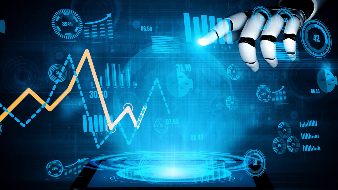 Futuristic robotic hand interacting with digital graphs, data analytics, and technology interfaces on a glowing touchscreen in a modern business environment xenic