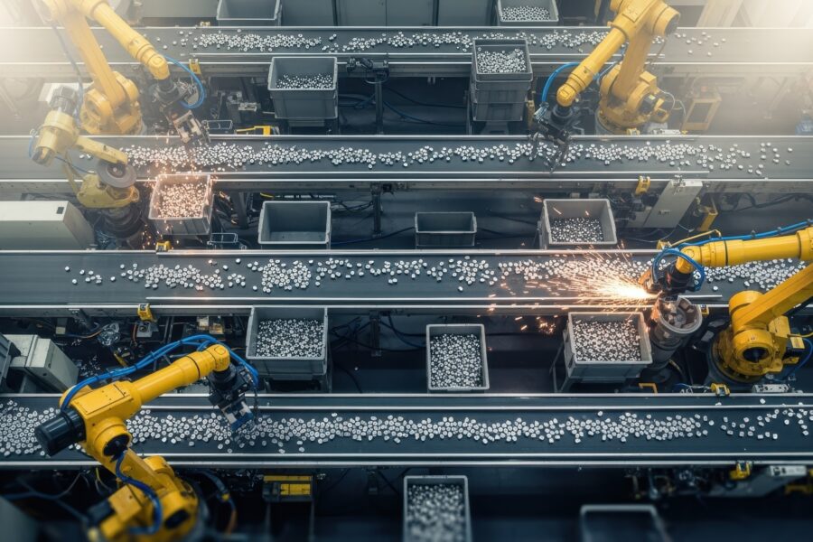 Overhead view of a rareearth magnet manufacturing plant showing conveyor belts and robotic arms handling magnets.