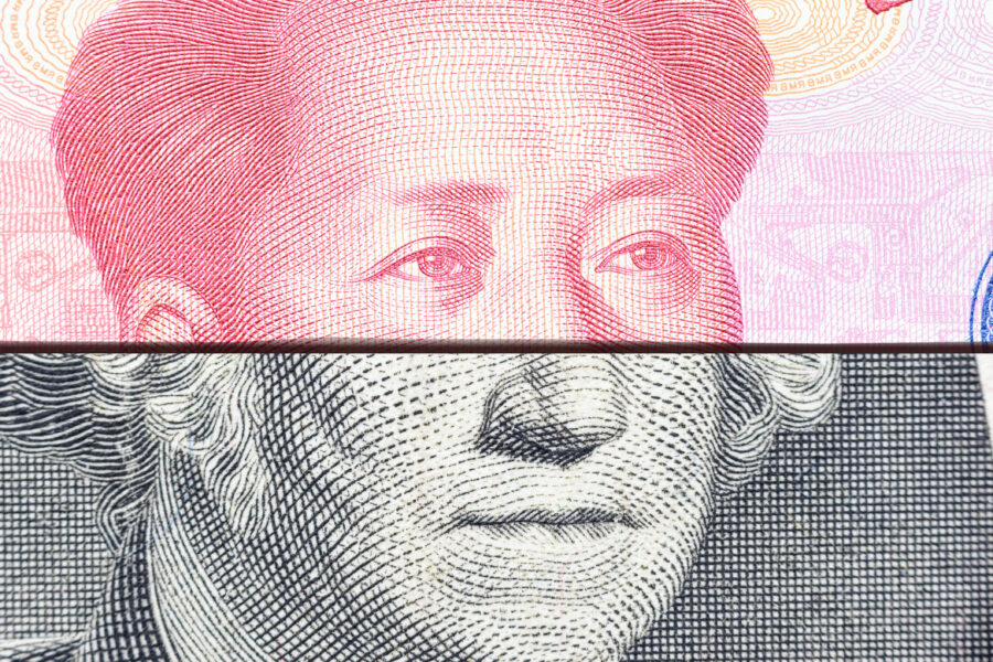 Trade war / trade tension between us and china, financial concept : notes of usa and china with faces of president g washington and mao zedong, depicts trade conflict between washington and beijing