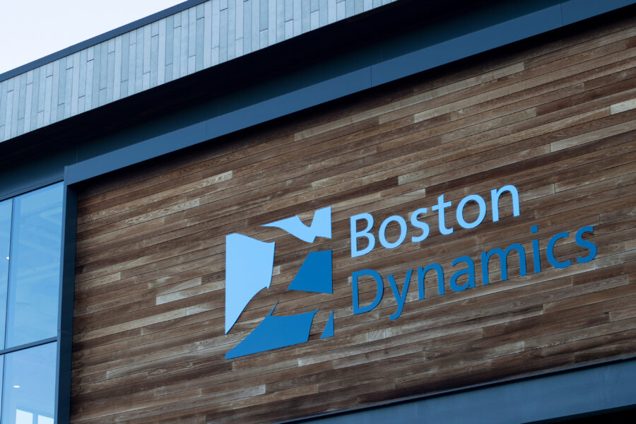 Waltham, ma, usa june 28, 2022: the company logo is seen at the headquarters of boston dynamics, an american engineering and robotics design company, in waltham, massachusetts.