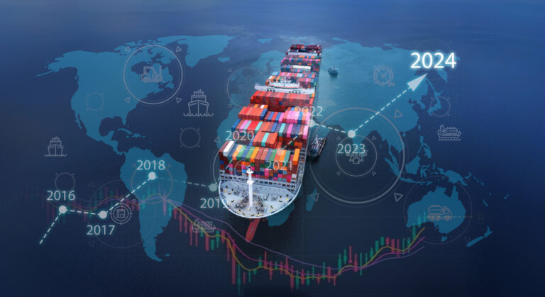 Aerial top view containers ship cargo business commercial logistic and transportation international import export by container freight cargo ship in the open seaport show ocean network on map.