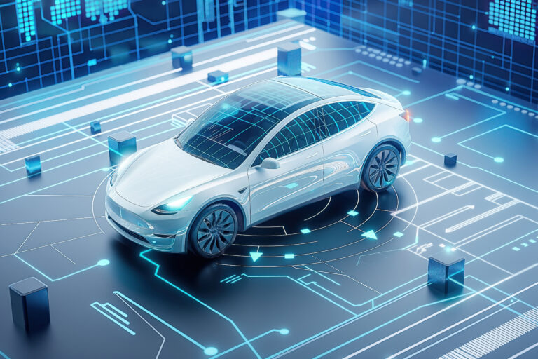 Advanced electric vehicle displayed on futuristic digital interface