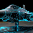 F 35 fighter jet wireframe hologram with airfield data visualization