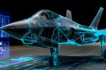 F 35 fighter jet wireframe hologram with airfield data visualization
