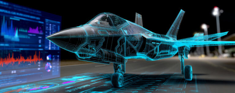 Holograma em estrutura de arame do caça F-35 com visualização de dados do aeródromo
