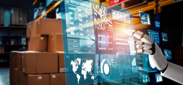 Innovative industry robot working in warehouse for human labor replacement