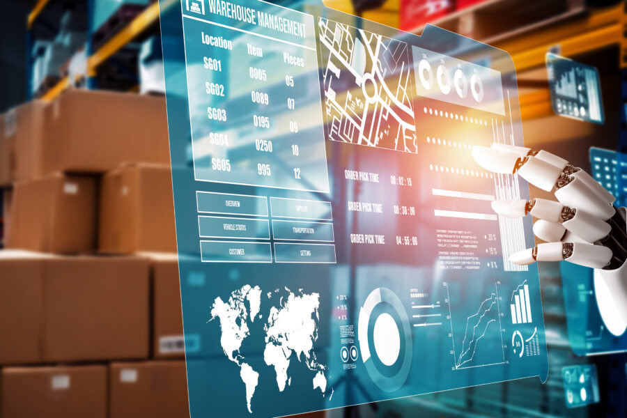 Innovative industry robot working in warehouse for human labor replacement