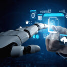 Futuristic robotic hand interacting with digital interface displaying data, icons, and graphs in a modern technology driven environment. glyphic