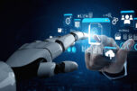 Futuristic robotic hand interacting with digital interface displaying data, icons, and graphs in a modern technology driven environment. glyphic