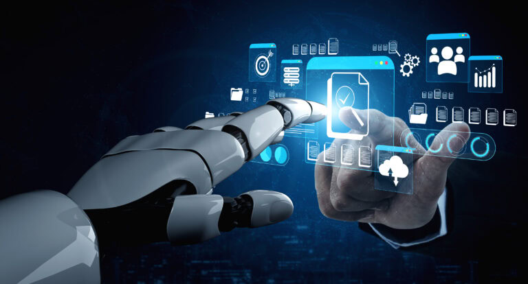 Futuristic robotic hand interacting with digital interface displaying data, icons, and graphs in a modern technology driven environment. glyphic