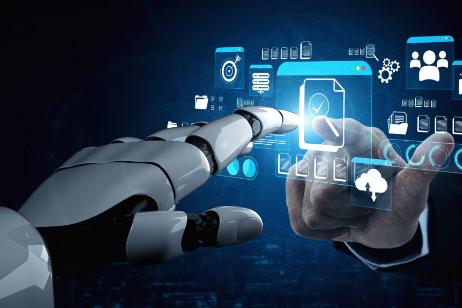 Futuristic robotic hand interacting with digital interface displaying data, icons, and graphs in a modern technology driven environment. glyphic